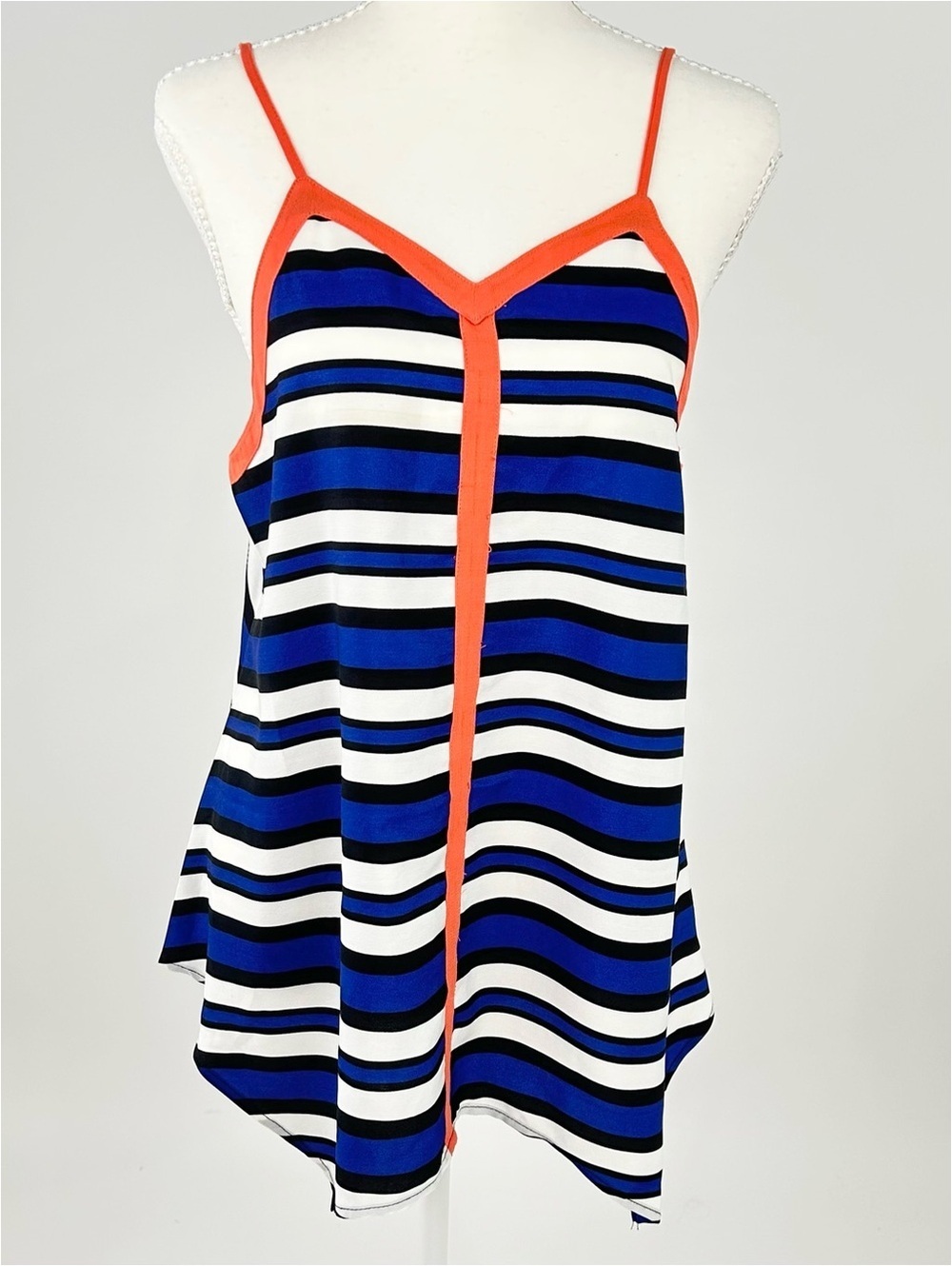THML NWT Blue Stripe Swing Cami Tank Neon Coral Trim Size M